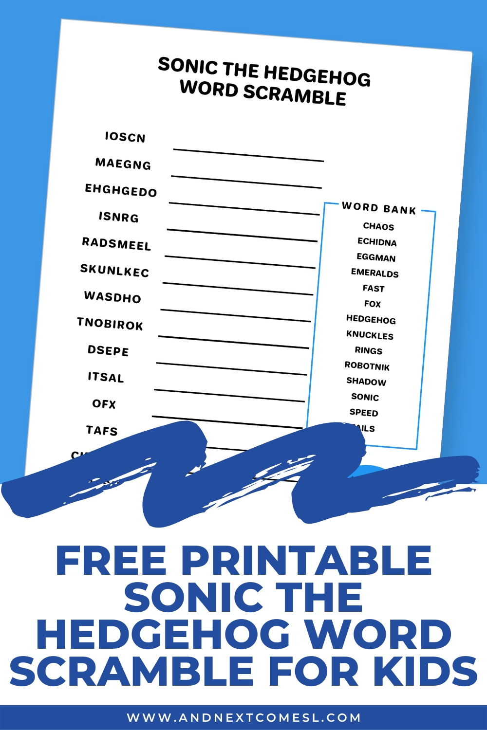 Free Sonic the Hedgehog printable word scramble game for kids with answers