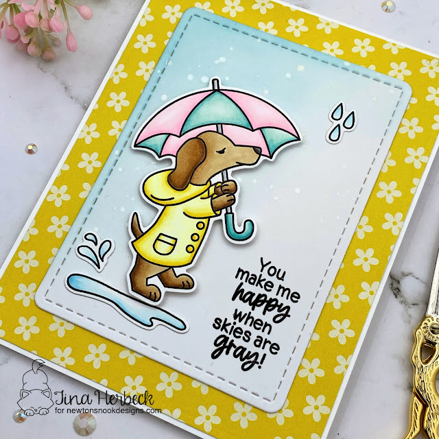 Happy When Skies are Gray Card by Tina Herbeck | Rainy Day Doxie Stamp Set, Spring Blooms Paper Pad and Frames & Flags Die Set by Newton's Nook Designs #newtonsnook #handmade