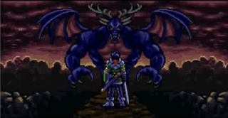 Shows purple style of like demon monster with dear horns on his head and he blue coloured with pink on some parts of his body plus big muscles over hisbody and also nice colour dark pink sky and shows knight man with purple coloured armour on and has purple sword and rock wall to the left and right of the knight