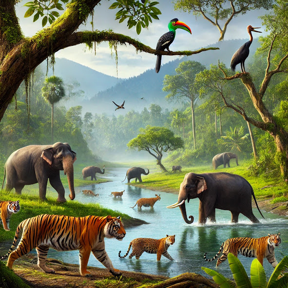 Mudumalai National Park in Tamil Nadu, India. The image features a lush green forest with a herd of Indian elephants roa