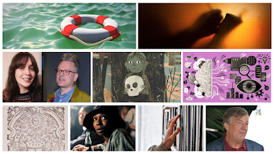 Shows: a lifebuoy floating in water; a blurred image of a person writing in a book;  two people; an illustration of a girl holding a skull; an infographic; a printer's mark; a woman in a hat, a hand browsing bookshelves and the author Stephen Fry