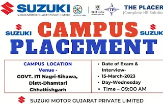 Suzuki Motor Gujarat Private Limited Recruitment 2023 -ITI Jobs Campus Placement Drive at Govt ITI Nagari-Sihava, Govt ITI Baloda, Chhattisgarh &  Govt ITI Jhansi, Uttar Pradesh