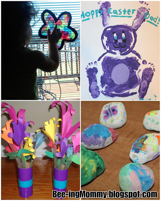 easter, easter activities, easter crafts, easter fun, at home easter activities, easter decorations, family fun, children's activities, tissue paper sun catcher, handprint flowers, Easter egg rocks, rock painting