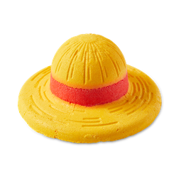 A photo of an orange and yellow wide brimmed straw like hat shaped bubble bar on a bright background