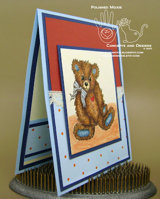 Picture of my lace embellished teddy bear card set at a right angle to show dimensional elements