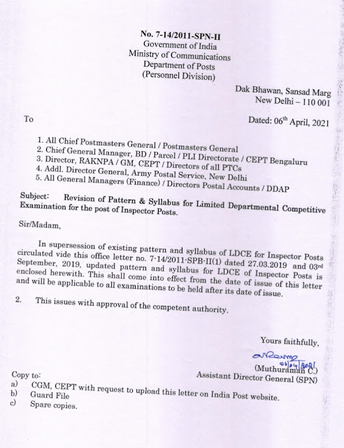  Revision of pattern & syllabus for the post of Inspector of Post (IP) LDCE, Directorate Lr. dtd 06/04/2021