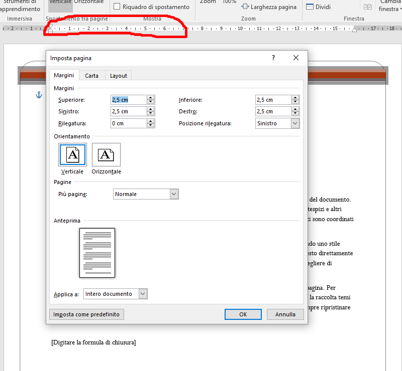 Attivare impostazione pagina in word cliccando sul righello attivo in alto