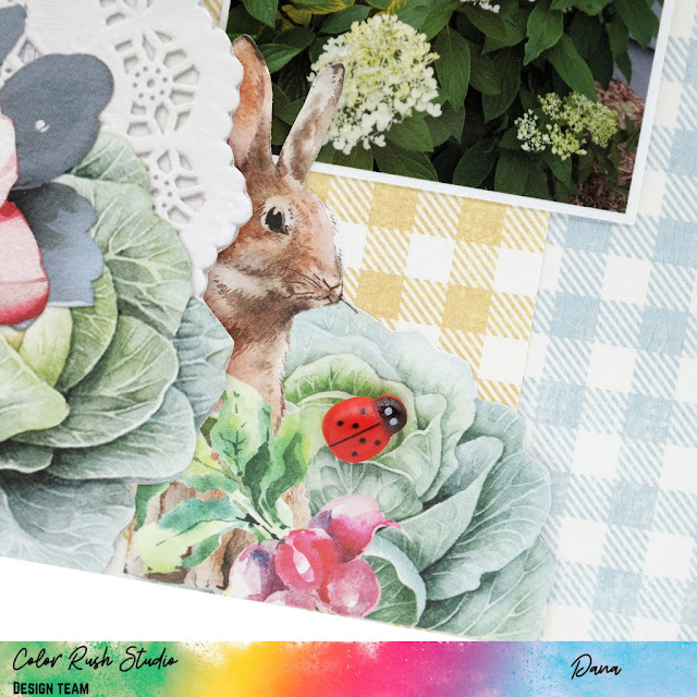 Dana Tatar documents her memories in her back garden on a scrapbook layout using the Simple Stories Simple Vintage Spring Garden collection.