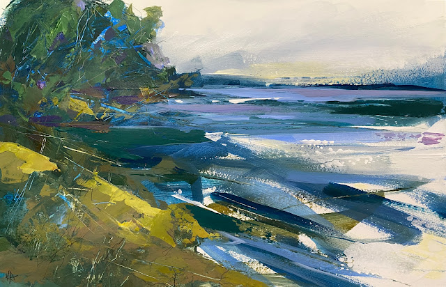 Painting of a river, trees, water, paint on paper 2022 by Connecticut artist Karri Allrich