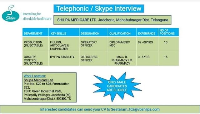 SHILPA MEDICARE | Telephonic & Skype Interviews for Multiple Positions in Production/ QC | Send CV