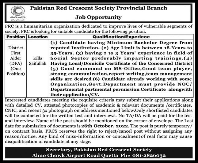 Latest Pakistan Red Crescent Society PRCS NGO Posts Quetta 2022