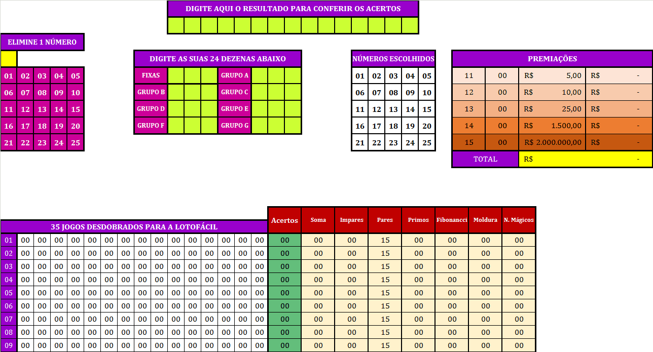 Desdobramento lotofácil 24 dezenas 15 pontos em 20 jogos