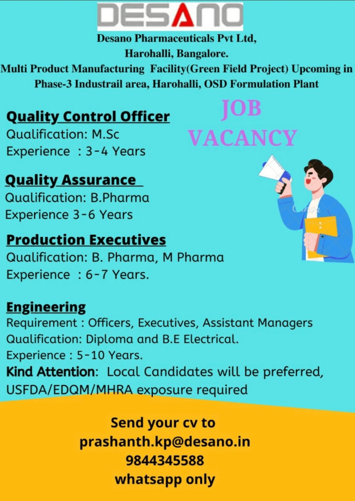 Job Availables, Desano Pharmaceuticals Pvt Ltd Bangalore Job Vacancy For Quality Control Officer/ Quality Assurance/ Production Executive/ Engineering