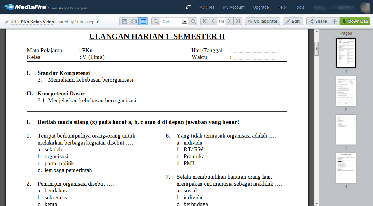 Download Kumpulan Soal PKn Kelas 5 Semester 2