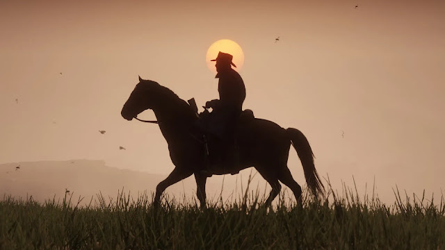 Arthur Morgan riding hourse with beatiful sunset in background on rdr2