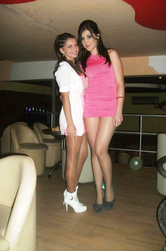 Two beautiful women pantyhose clubbing