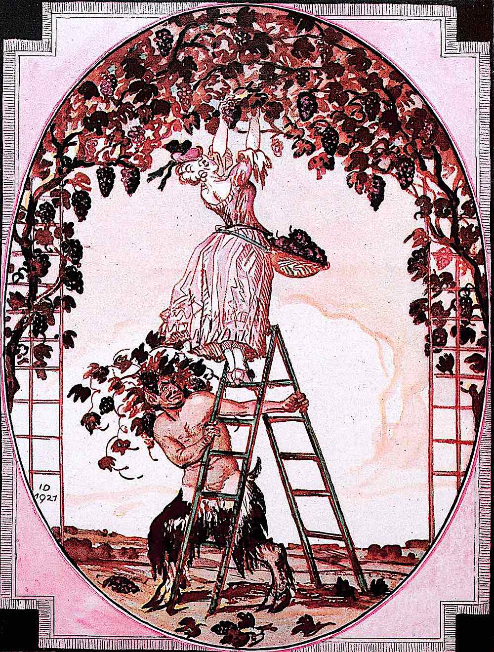 a Julius Diez 1927 illustration of a satyr steading a ladder and peeping up a woman's skirt