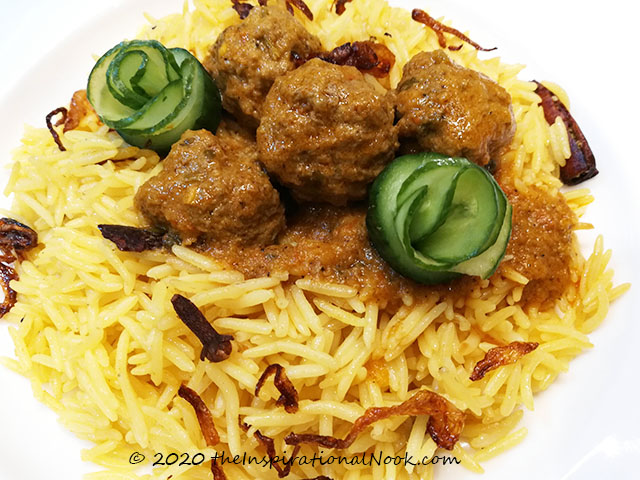 Anglo Indian Ball Curry  and Yellow Coconut Rice, kofta curry, meatball curry, ball curry, Indian ball curry, mince ball curry, meat balls, coconut rice, yellow rice, Indian