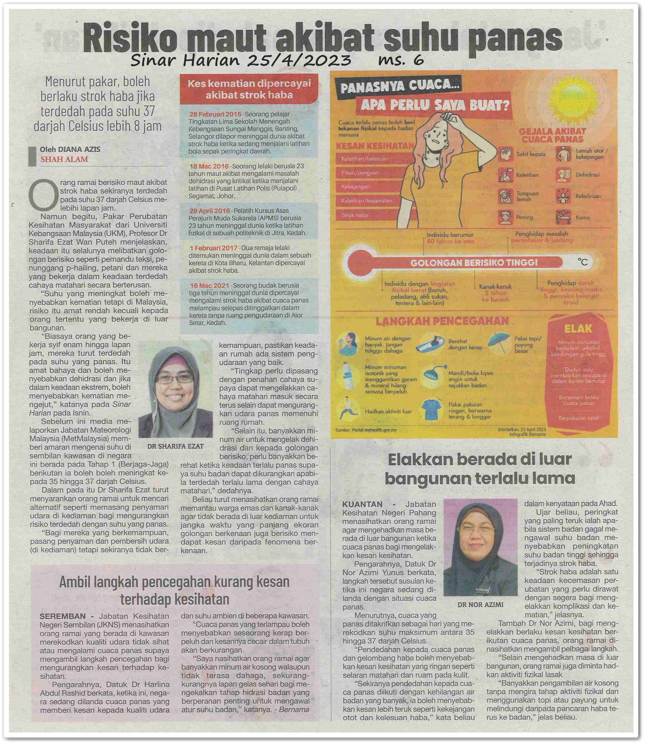 Risiko maut akibat suhu panas - Keratan akhbar Sinar Harian 25 April 2023