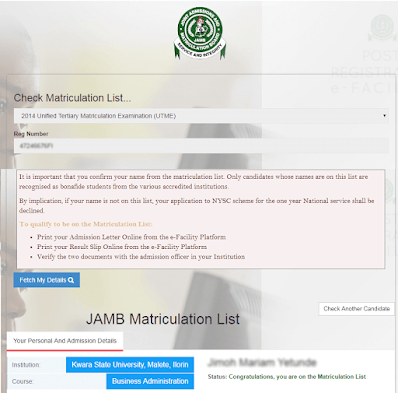 name not on jamb matriculation list - Izzyaccess