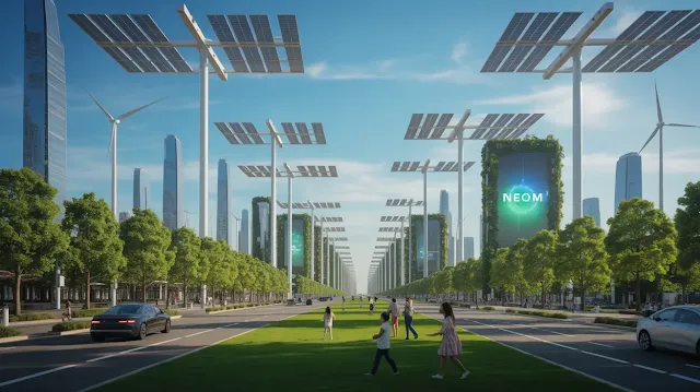 A photograph of a futuristic cityscape powered by gleaming solar panels and wind turbines against a clear blue sky. The skyline is dominated by sleek, modern buildings with vertical gardens, and a vibrant green park stretches across the foreground where people stroll and children play, while the text "NEOM" is displayed on a towering holographic billboard. Clean, electric vehicles silently navigate the wide, tree-lined avenues, illuminated by soft, ambient lighting that creates a sense of optimistic sustainability. The image showcases a harmonious blend of technology and nature, symbolizing a thriving urban ecosystem.