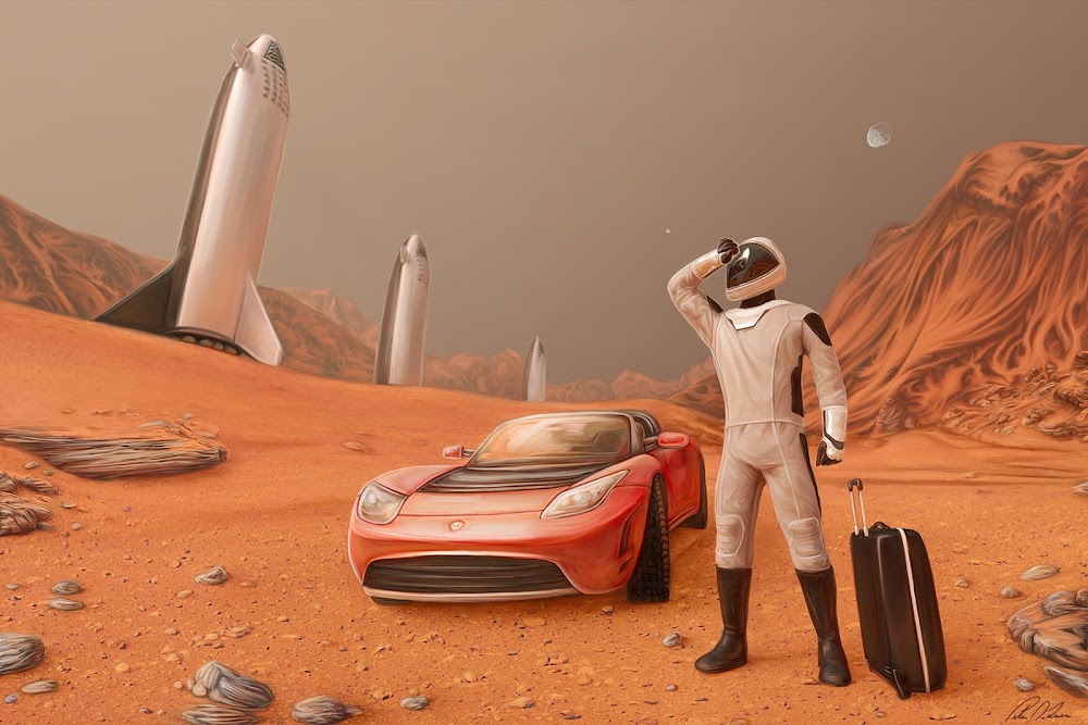 SpaceX Starman on Mars with his Tesla Roadster and Big Falcon Ships in the background