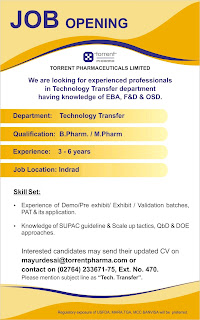 Torrent Pharmaceutical Limited Hiring For Technology Transfer Department...