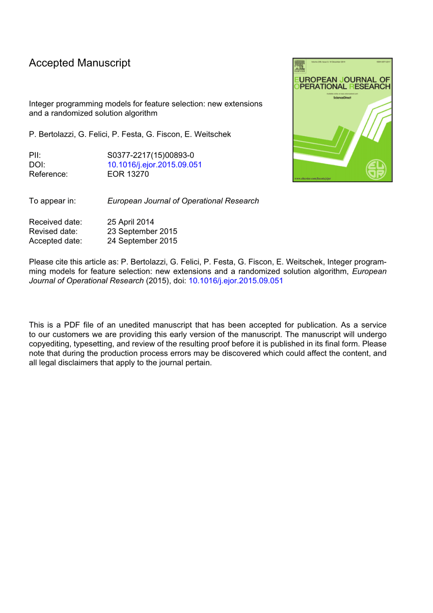 Pdf Integer Programming Models For Feature Selection New Extensions And A Randomized Solution Algorithm Pdf Integer Programming Models For