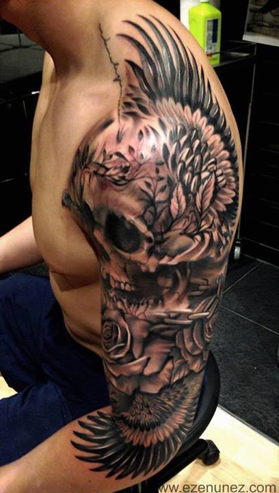 Skull And Roses Shoulder Tattoo