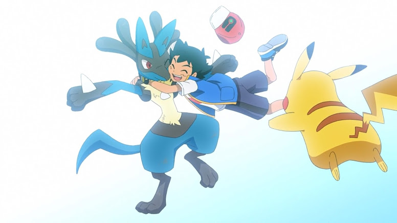 Ash e Lucario comemorando