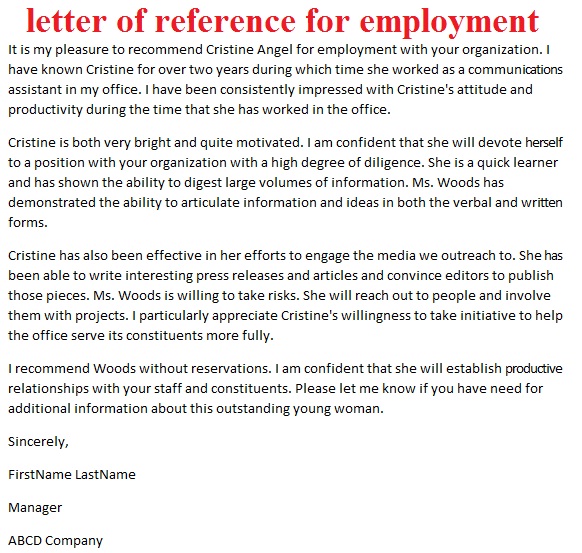 letters of reference: letter of reference for employment