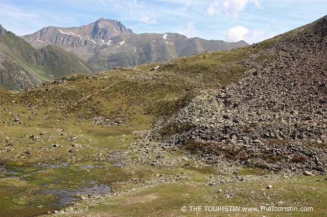 Mountain pasture in summer, with some rocks strewn here and there in front of a mountain range that still has a bit of snow on its peaks.