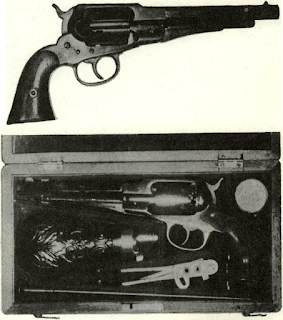 Split-breech carbine is shown with block partially rolled back. Arm was contracted for by Sam Norris but not actually delivered until after war. With Rider’s improvements, design became famous Remington Rolling Block single shot.