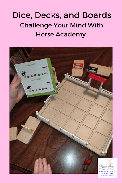 A Mom's Quest to Teach: Dice, Decks, and Boards: Challenge Your Mind With Horse Academy; game in session with challenge book visible