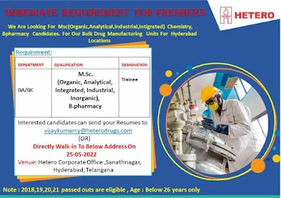 Hetero Pharma Walk-in jobs