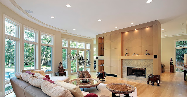 Living room with recessed lights on the ceiling.