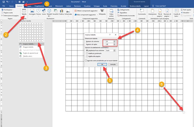 creare folgio a quadretti con word