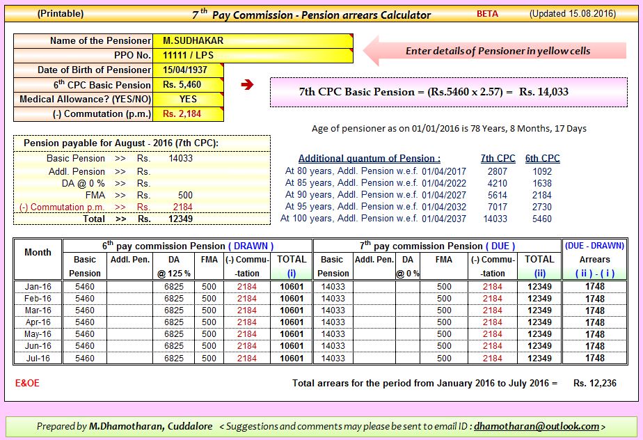 7th Pay Commission - Pension Calculator (with calculation of arrears