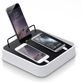 charging station, box-like, where cords are kept inside and products rest on top or stand up against a rail