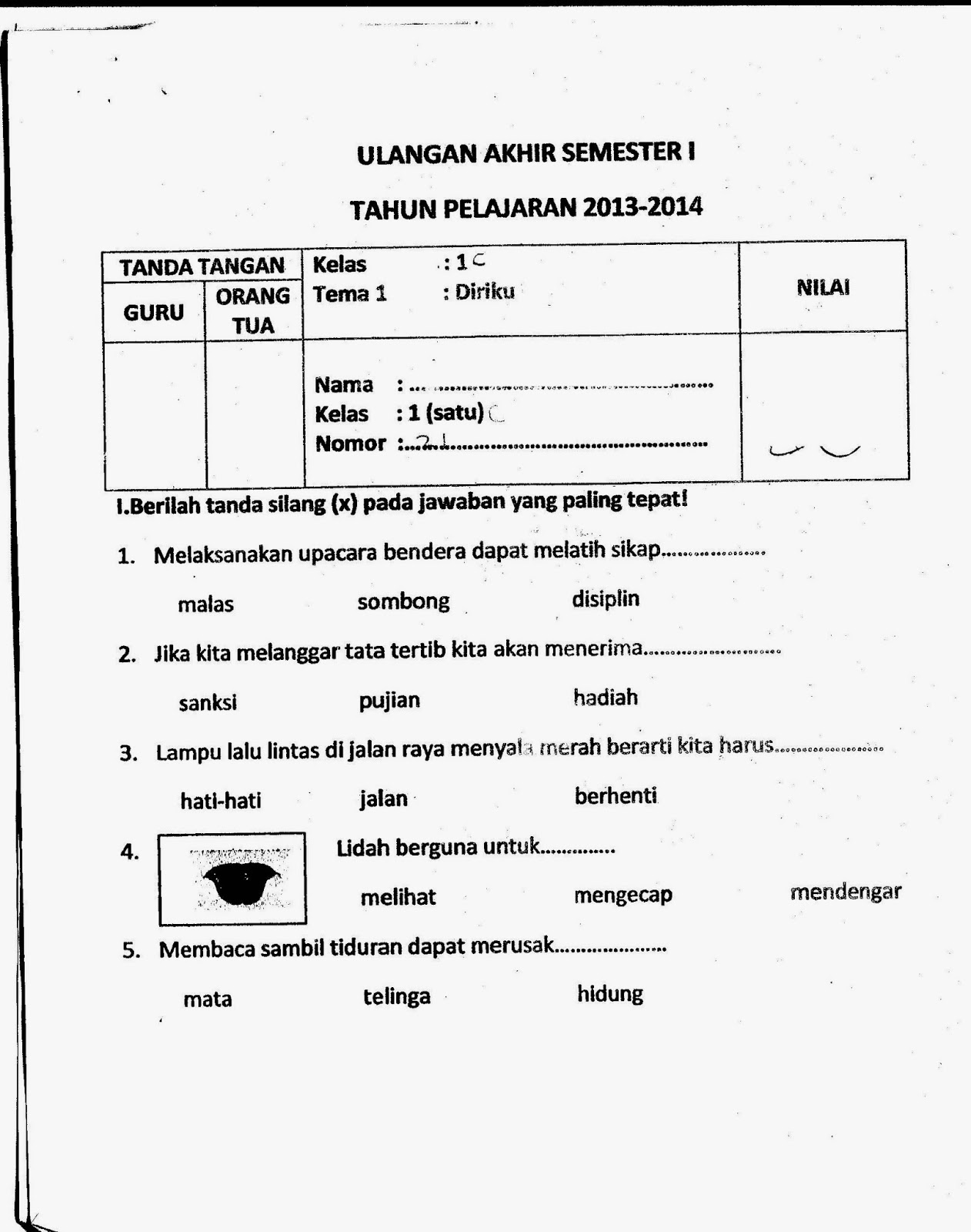 UAS SD Kelas 1 TA Semester 1 Kurikulum 2013 Sunarto S Kom