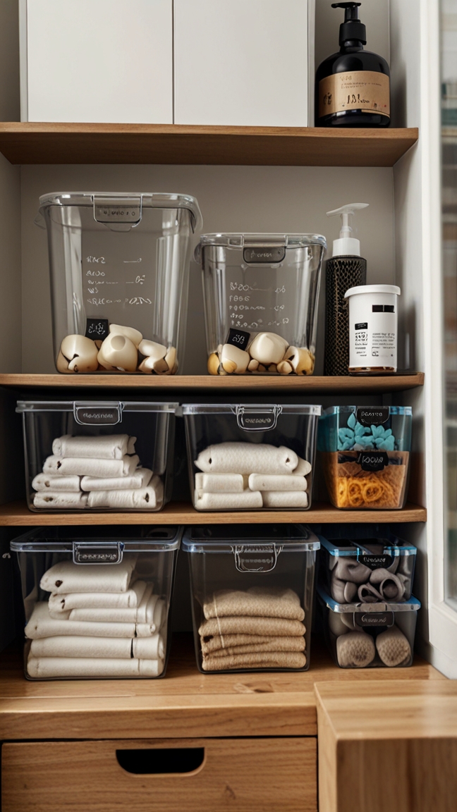 An image showing the process of decluttering a bathroom, with sorted items and clear storage containers.