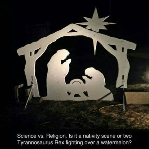 Science vs religion - nativity or 2 t-rex's fighting over a watermelon?