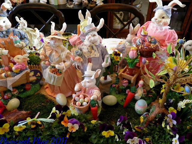 burlap chargers, burlap table covering, daffodils, Domestications Bunny Plates, Easter decor, Easter tablescape, Here comes Peter Cottontail, Paper Mache Bunnies, Peter Cottontail, violas