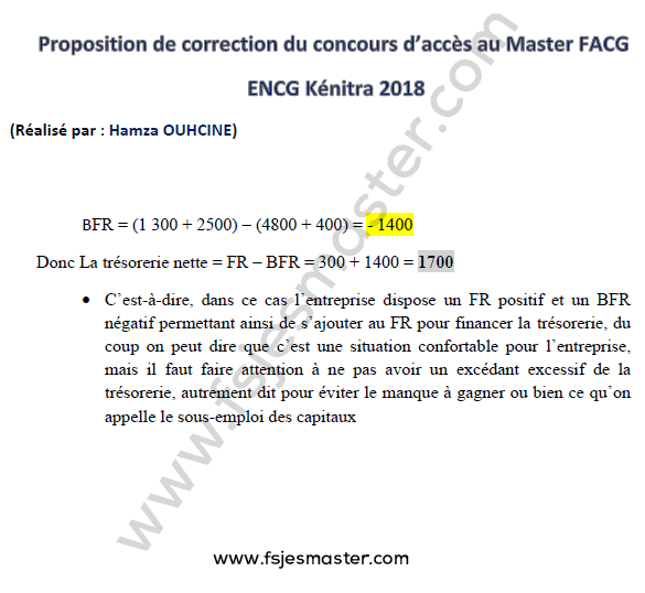 Correction de Concours Master Finance Audit et Contrôle de Gestion (FACG) 2018-2019 - ENCG Kénitra