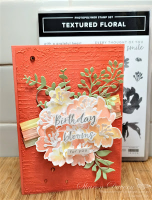 Rhapsody in craft,#rhapsodyincraft,blending blush technique,Calypso Coral,Textured Floral,Textured Floral Dies,Blending Brushes,Birthday Card,Exposed Brick 3D embossing Folder,Stripes and Splatters 3D Embossing folders,Blending Brushes,Stampin' Up, #artwithheart,