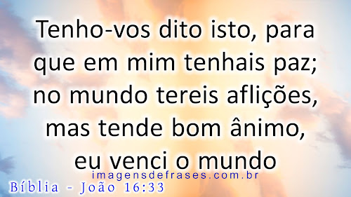 Eu disse essas coisas para que em mim vocês tenham paz. Neste mundo vocês terão aflições; contudo, tenham ânimo! Eu venci o mundo