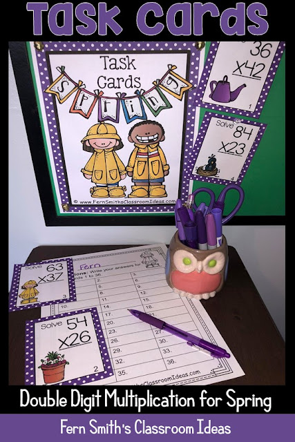 You will love this Spring Multiplication Task Cards, Recording Sheets and Answer Keys! It is so easy to prepare these task cards for your centers, small group work, scoot, read the room, homework, seat work, the possibilities are endless. Your students will enjoy the freedom of task cards while learning and reviewing important skills at the same time! Perfect for review while you work with your small groups. Students can answer in your classroom journals or with the included three different recording sheets. Perfect for an assessment grade for the week.Thirty-six {36} colored task cards, thirty-six black and white task cards, 3 print and go worksheets and 3 answer keys that can be used as self-checking sheets for any math center. Add some rigor and fun to your math class with these Spring task cards! #FernSmithsClassroomIdeas