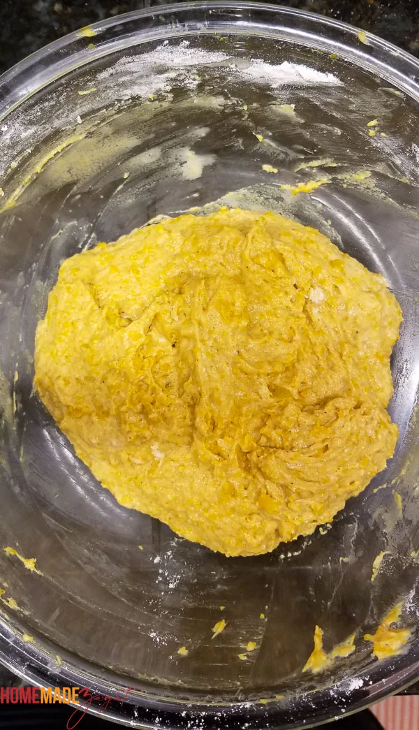 Bowl of mixed pumpkin puree with dry ingredients