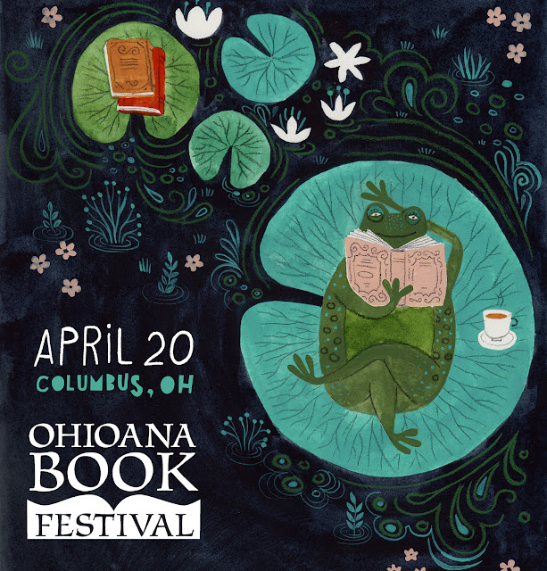 a green frog reading a book on a lily pad by folk artist Dinara Mirtalipova for theOhioana Book Festival in Columbus Ohio