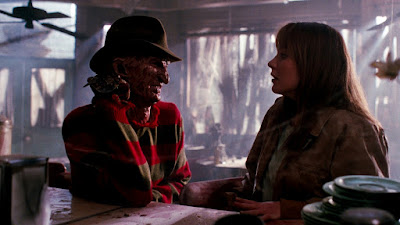 Robert Englund plays Freddy Kruger for the fourth time in a movie scene at a restaurant in Nightmare on Elm Street: The Dream Master